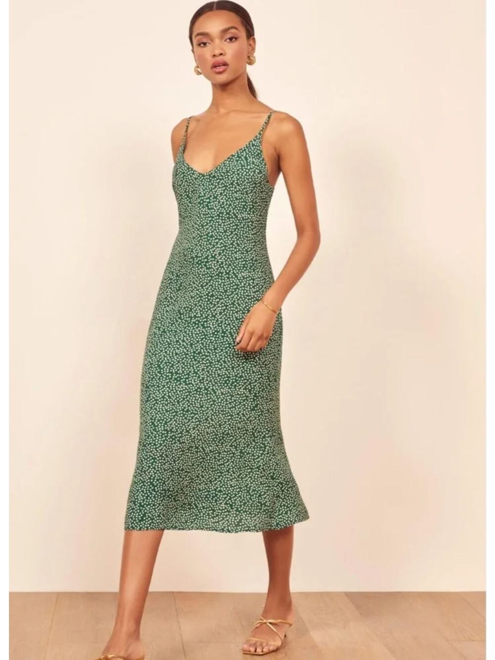 Reformation Alexandra Midi Slip Dress US 10 Green Floral Daisy Casual Party